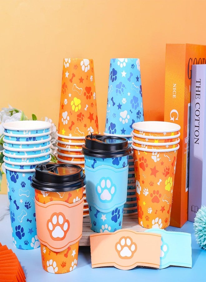 JarThenaAMCS 50Pcs Birthday Dog Paw Disposable Coffee Cup with Lids and Sleeves 12Oz Blue Orange Paw Themed Paper Drinking Cups for Puppy Pet Baby Shower Party Supplies - Image 4